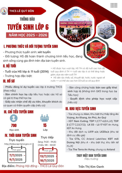 KẾ HOẠCH TUYỂN SINH LỚP 6 NĂM HỌC 2025 - 2026